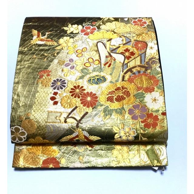25％OFFクーポン発行中/中古 正絹 袋帯 ゴールド地に御所車文様 六通柄  