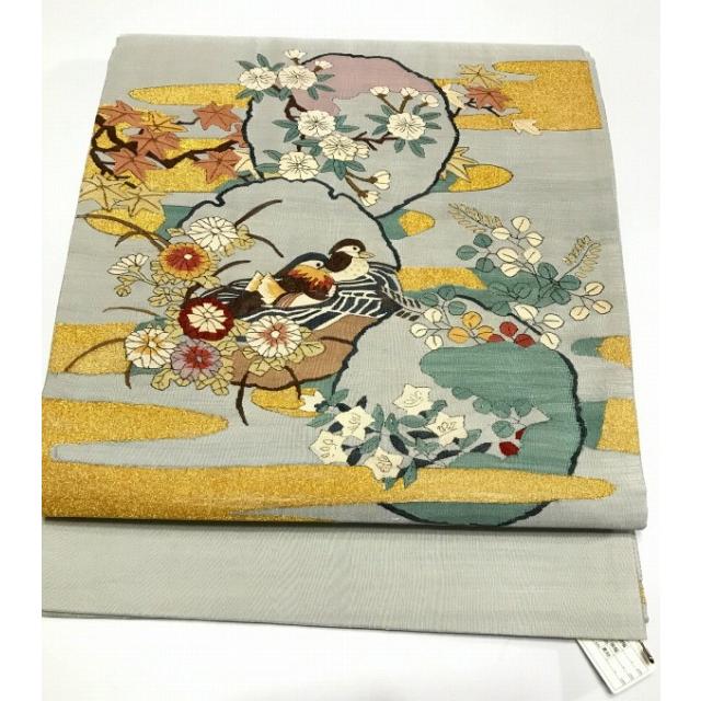 25％OFFクーポン発行中/中古 正絹 袋帯 白緑地に雪輪文様 お太鼓柄 