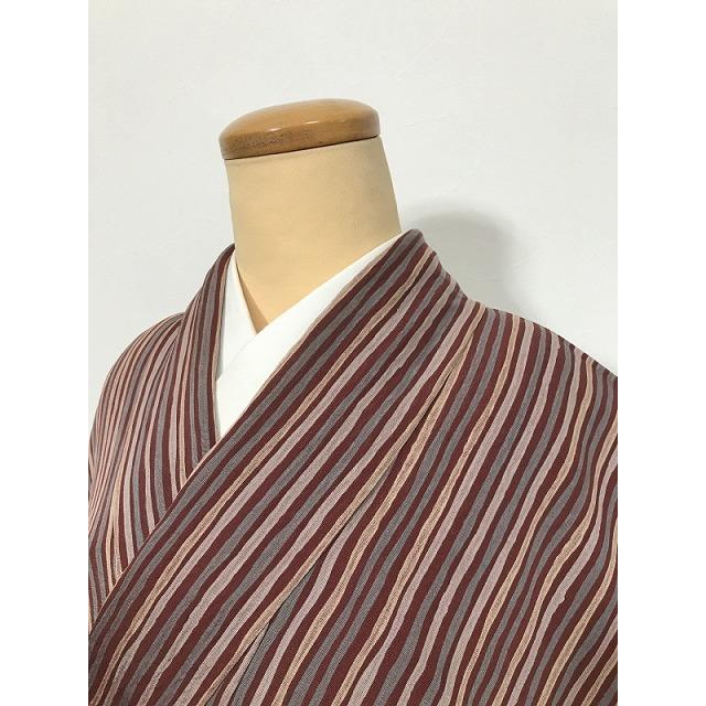 Mサイズ 単衣着物 正絹 小紋 赤茶地に縞模様 : リサイクルきもの福服
