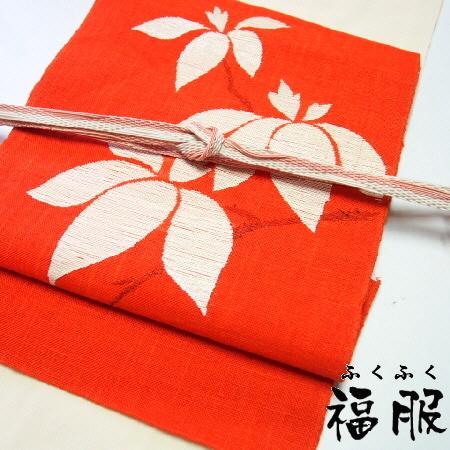 中古】 名古屋帯 麻 朱色地に枝花文様 お太鼓柄 八寸 夏帯