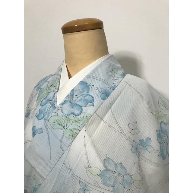 Sサイズ 小紋 化繊 水色地に草花模様 夏着物 : リサイクルきもの福服