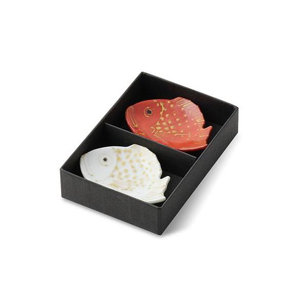 有田焼 小皿 金彩鯛型6cm豆皿朱塗・白磁セット 【福珠窯（有田焼窯元