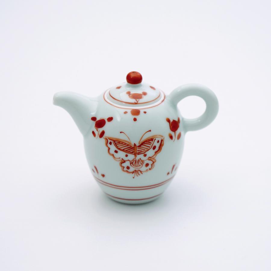 有田焼 茶器 朱彩花蝶 100mlポット（茶壺・ちゃふう）【福珠窯（有田焼