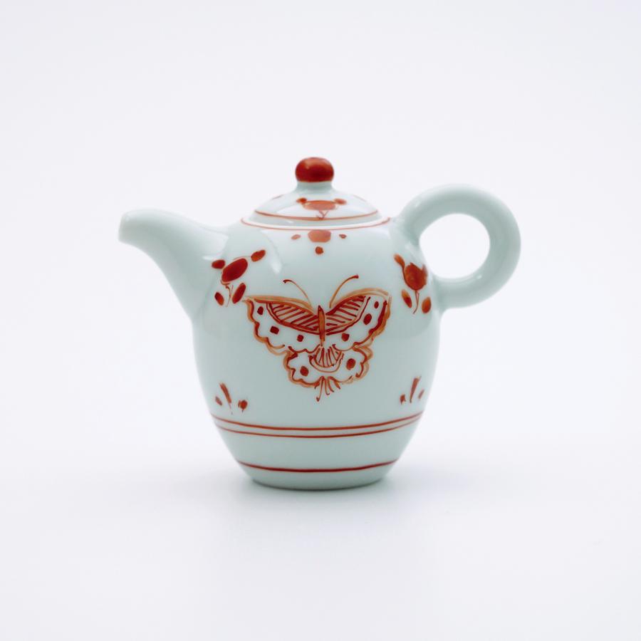 有田焼 茶器 朱彩花蝶 100mlポット（茶壺・ちゃふう）【福珠窯（有田焼