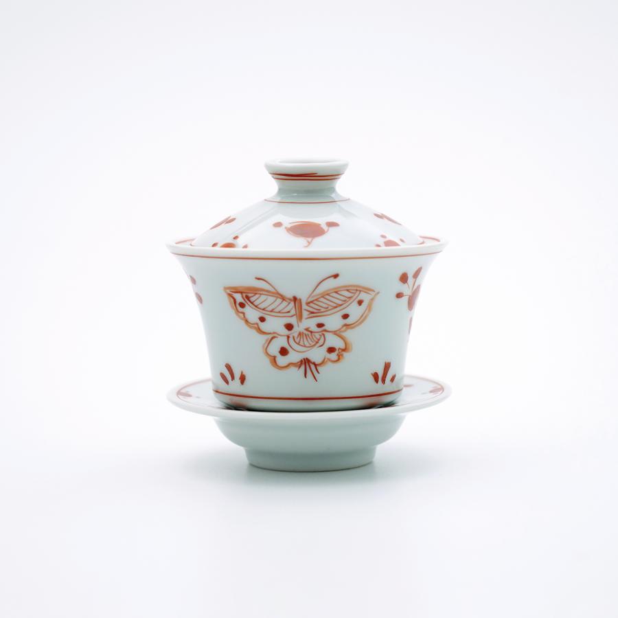 有田焼 茶器 朱彩花蝶 蓋碗（がいわん）【福珠窯（有田焼窯元）】 : 福