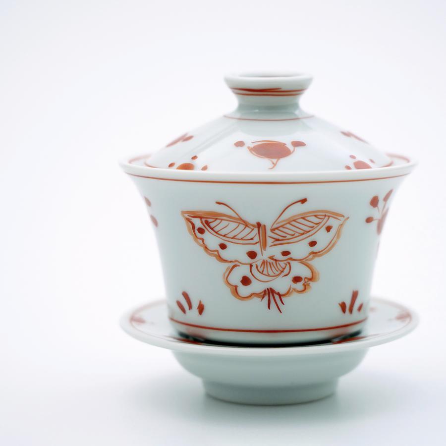 有田焼 茶器 朱彩花蝶 蓋碗（がいわん）【福珠窯（有田焼窯元）】 : 福