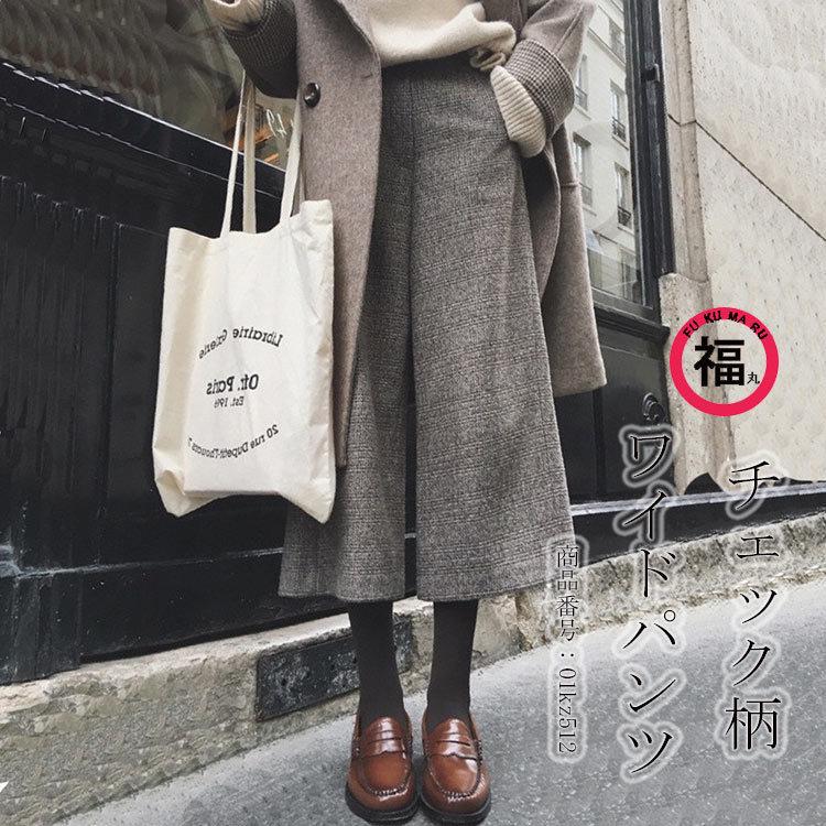 ワイドパンツ ガウチョパンツ レディースファッション ボトムス 洗える チェック柄 カーキグレー 楽ちん 8分丈 コーデ おしゃれ 秋冬 送料無料 01kz512 Wxl 福丸 通販 Yahoo ショッピング