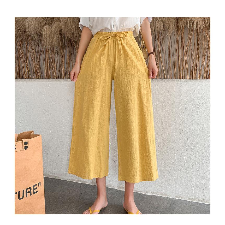 イエロー ワイドパンツ ゴムウエスト ワイドパンツ ゴムウエスト イエロー Lサイズ リネンコットン