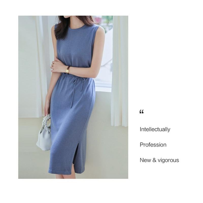 ワンピース サマーニットワンピース タイトワンピース レディース ニット 膝下 チュニック ノースリーブ 無地 スリット ラウンドカラー 薄手 01op1025 福丸 通販 Yahoo ショッピング