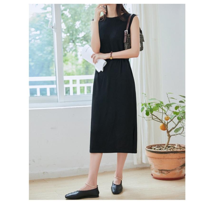 ワンピース サマーニットワンピース タイトワンピース レディース ニット 膝下 チュニック ノースリーブ 無地 スリット ラウンドカラー 薄手 01op1025 福丸 通販 Yahoo ショッピング