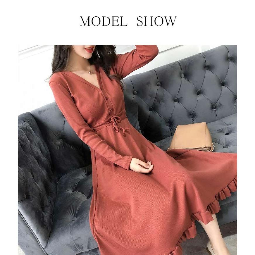 ワンピース ワンピ Aラインワンピース ニットワンピース レディース ロングワンピース マキシ丈 チュニック Vネック 長袖 フリル リボン エレガント 綿混 秋 01op1035 Hhy0909 福丸 通販 Yahoo ショッピング