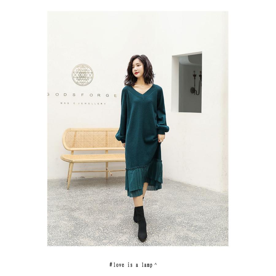 ワンピース 冬物 ワンピ ニットワンピース ニット レディース ミモレ丈 ドッキング パフスリープ チュニック 長袖 無地 エレガント Vネック おしゃれ 01op1069 福丸 通販 Yahoo ショッピング