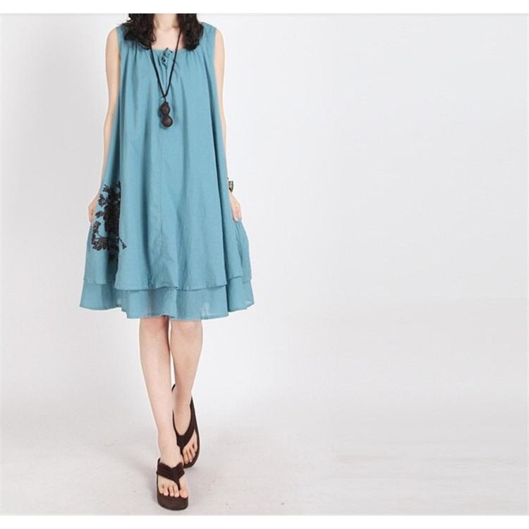 ワンピース タンクワンピース 膝丈 夏 レディース 綿麻 ノースリーブ Uネック 無地 刺繍入り フレア ゆったり 体型カバー 大きいサイズあり 01op1340 Ww 福丸 通販 Yahoo ショッピング