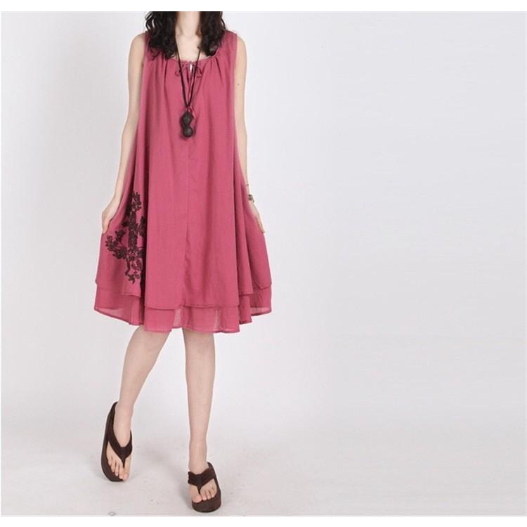 ワンピース タンクワンピース 膝丈 夏 レディース 綿麻 ノースリーブ Uネック 無地 刺繍入り フレア ゆったり 体型カバー 大きいサイズあり 01op1340 Ww 福丸 通販 Yahoo ショッピング