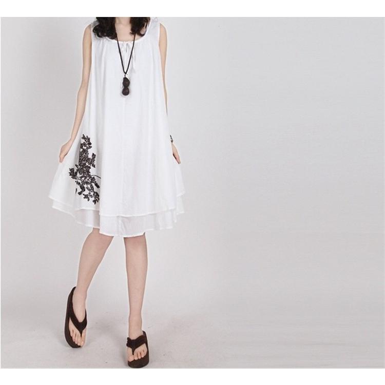 ワンピース タンクワンピース 膝丈 夏 レディース 綿麻 ノースリーブ Uネック 無地 刺繍入り フレア ゆったり 体型カバー 大きいサイズあり 01op1340 Ww 福丸 通販 Yahoo ショッピング