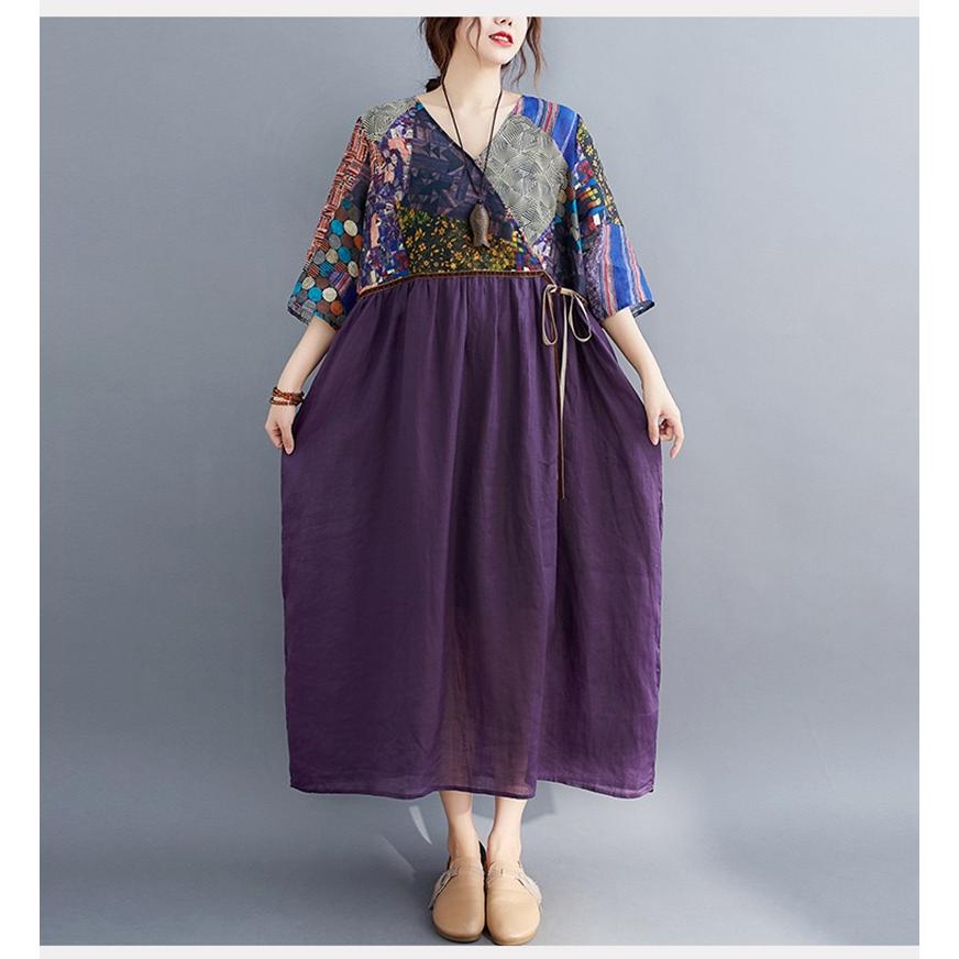 ワンピース リネンワンピース レディース 夏 マキシ丈 半袖 体型カバー ドッキング 綿麻 パープル Vネック 柄 新作 ポケット付 ベルト付 おしゃれ 01op1436 Wxl 福丸 通販 Yahoo ショッピング