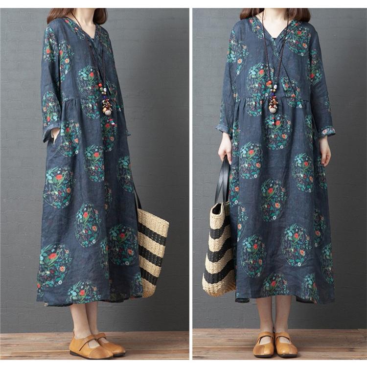 ロングワンピース レディース 春 長袖 40代 花柄 プルオーバー