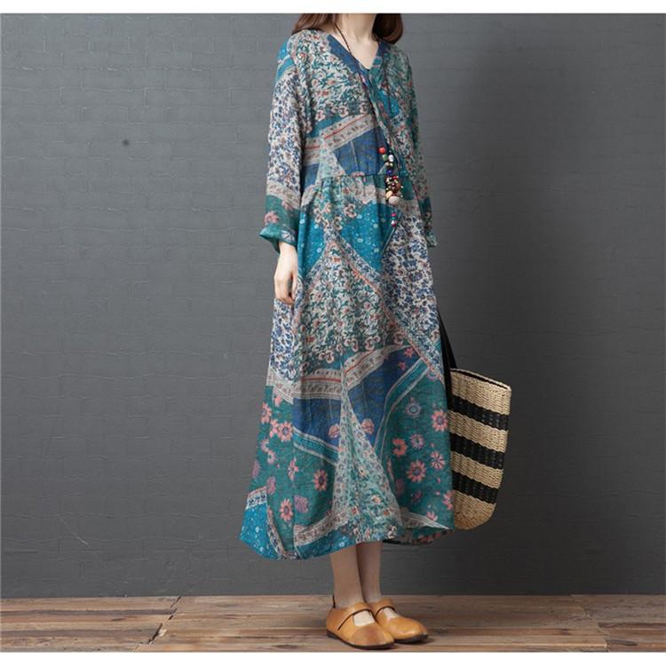 【美品】ハグオーワー/リネンロングワンピース/ストライプ柄/タック/麻100% ロングワンピース レディース 春 長袖 40代 花柄 プルオーバー