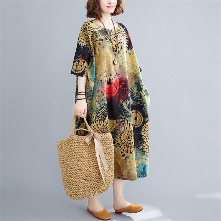 格安新品 ワンピース 夏 ミモレ丈ワンピース ロングワンピース レディース 春 ロング丈 5分丈袖 総柄 フレア 綿麻 Uネック 新作 ゆったり きれいめ 着痩せ シンプル 40代 Commerces Boutique