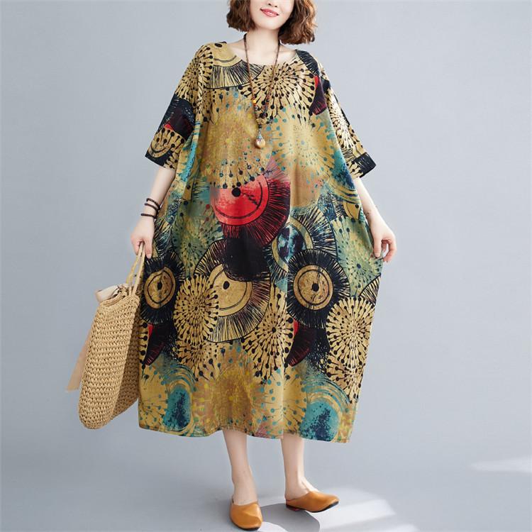 格安新品 ワンピース 夏 ミモレ丈ワンピース ロングワンピース レディース 春 ロング丈 5分丈袖 総柄 フレア 綿麻 Uネック 新作 ゆったり きれいめ 着痩せ シンプル 40代 Commerces Boutique