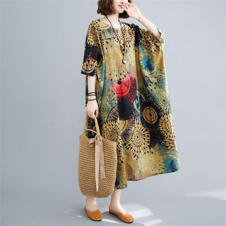格安新品 ワンピース 夏 ミモレ丈ワンピース ロングワンピース レディース 春 ロング丈 5分丈袖 総柄 フレア 綿麻 Uネック 新作 ゆったり きれいめ 着痩せ シンプル 40代 Commerces Boutique