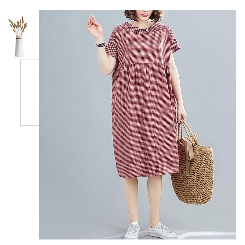 シャツワンピース 夏 レディース バックボタン 膝丈 チェックワンピース リネンワンピース 綿麻 半袖 折り襟 ゆったり 大きいサイズ 50代 40代 30代 01op1810 Wxl 福丸 通販 Yahoo ショッピング