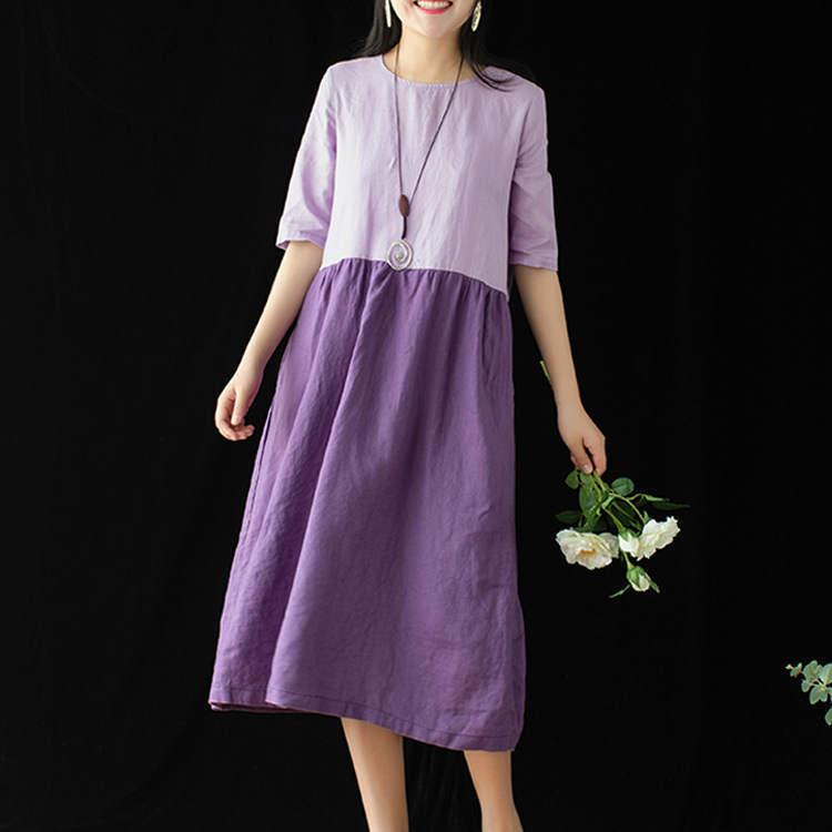 リネンワンピース 夏 チュニック ワンピ 膝丈ワンピース 亜麻 マキシワンピ レディース ドッキング ラウンドネック ゆったり ウエストタック 通気性 日本製