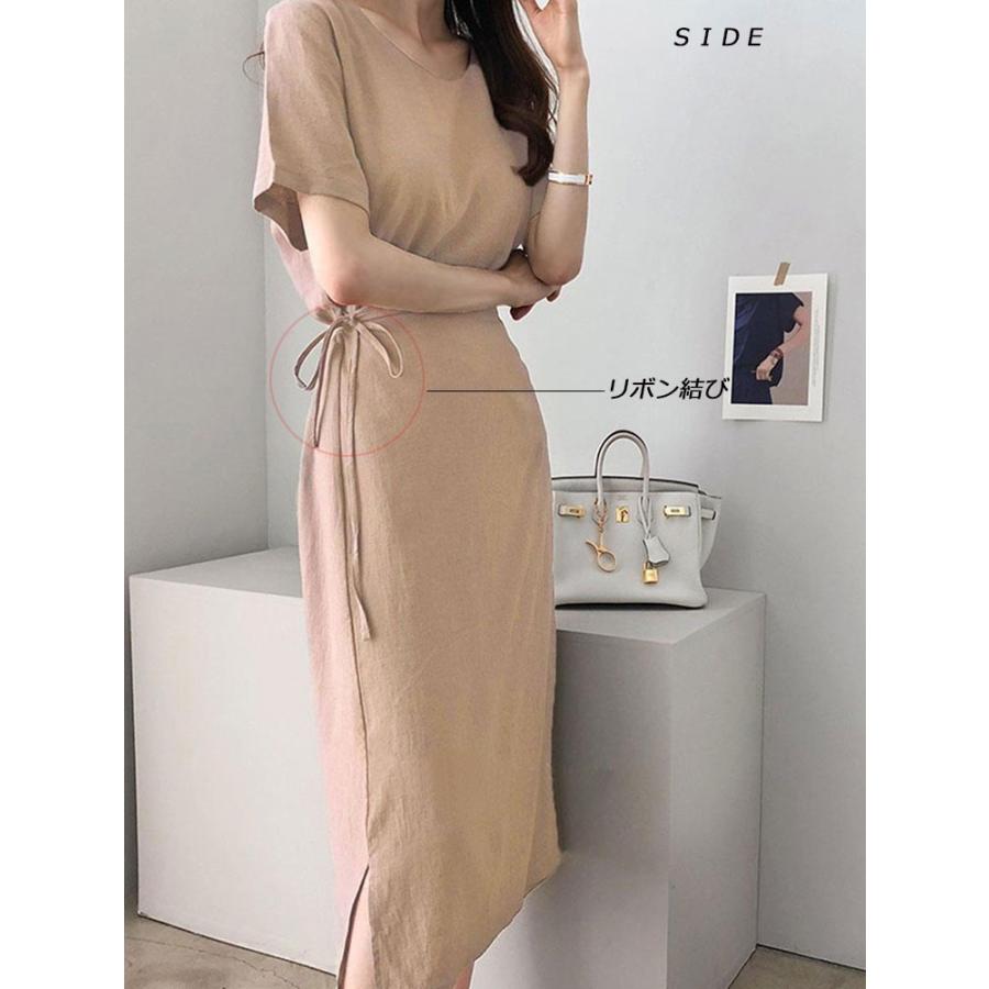 ワンピース 夏 ロング丈 レデイース 半袖 ロングワンピ タイト 無地 体型カバー リネン スリット デザイン リボン ラウンドネック おしゃれ 01op946 福丸 通販 Yahoo ショッピング