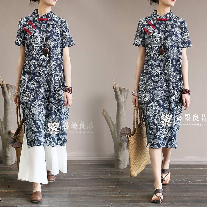 ワンピース ロングワンピ チャイナドレス レディース ロング丈 半袖 長袖 ゆとり 綿麻 麻 綿 マキシ丈 レトロ チャイナ風 エスニック風 花柄 柄 夏 01op968 福丸 通販 Yahoo ショッピング