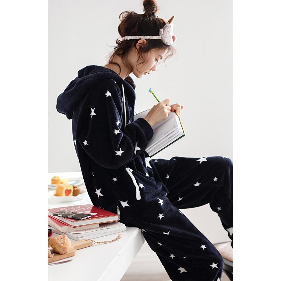 パジャマ レディース オールインワン ルームウェア フード付き 前開き 長袖 星柄 ナイトウェア 後ファスナー 部屋着 寝間着 もこもこ ふわふわ 秋冬 あったか 01sy345 福丸 通販 Yahoo ショッピング