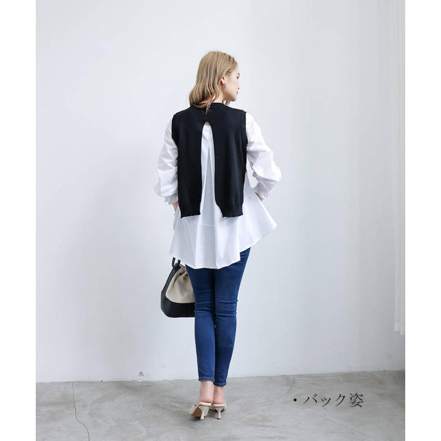 ブラウス シャツ 長袖 ベルスリーブ ラウンドネック 丸首
