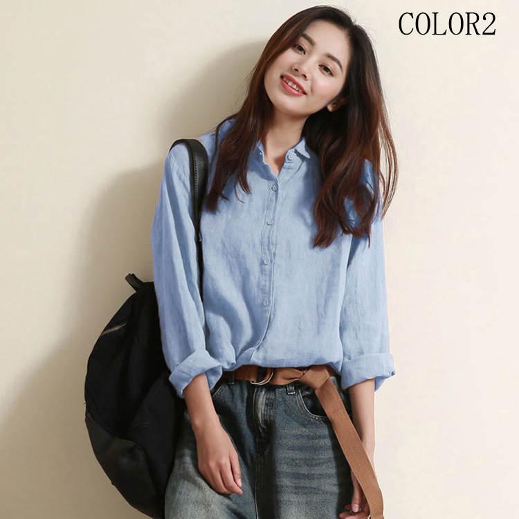 シャツ 春夏秋 綿麻 レディース 長袖 トップス 無地 折り襟 ボタン留め おしゃれ 前開き ゆったり コットン カジュアル 白 黒 青 コーデ カラバリ 30代 代 01tp2955 Wsc 福丸 通販 Yahoo ショッピング