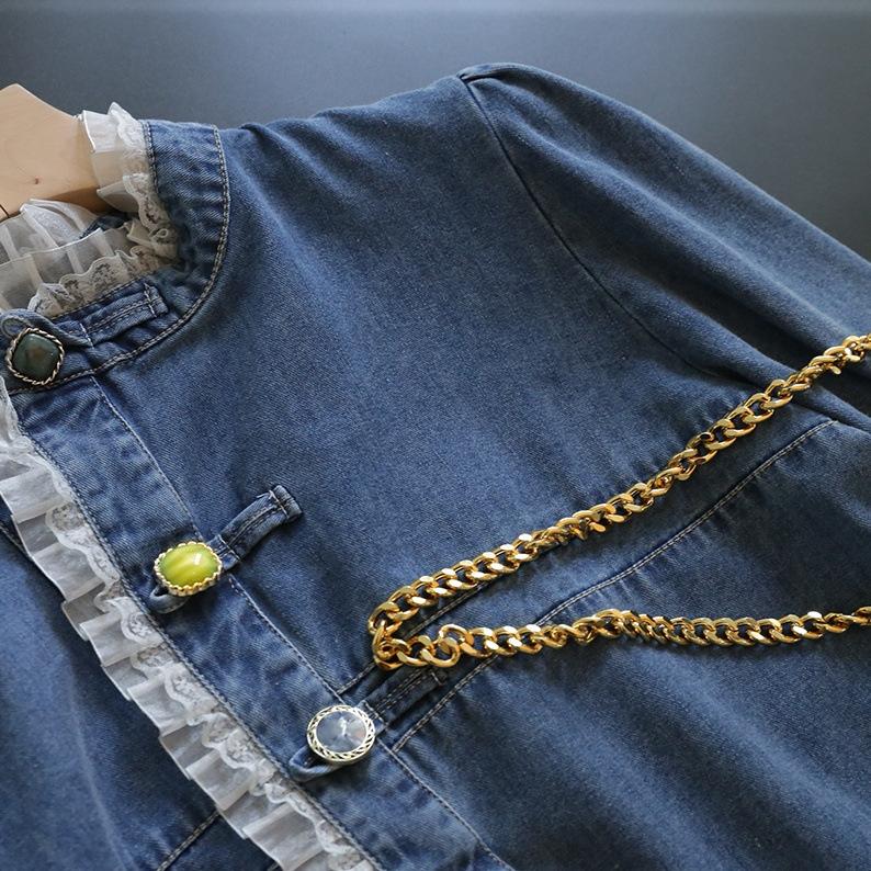 デニムシャツ フリル レディース 春もの 長袖 コットン トップス 折襟