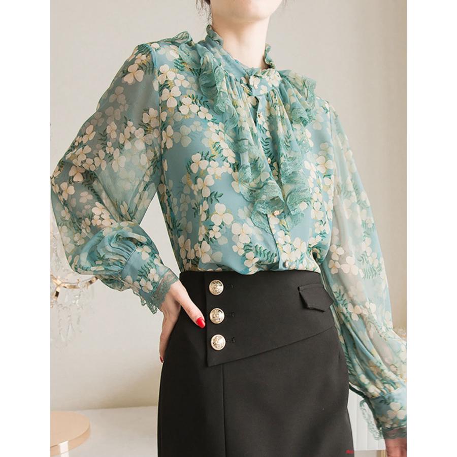 シフォンシャツ バルーン袖 シャツ 長袖 シフォン 総柄 シャツ