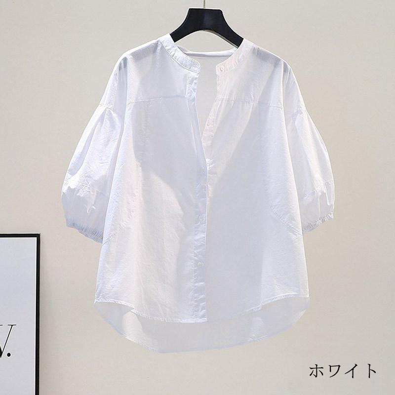フリル袖 シャツ 半袖 レディース シャツブラウス タック 綿 半袖シャツ バルーンスリーブ 立ち襟 前後差 ボタン止め 夏 ブラウス シンプル トップス フリル袖 シャツ 半袖 レディース シャツブラウス タック 綿