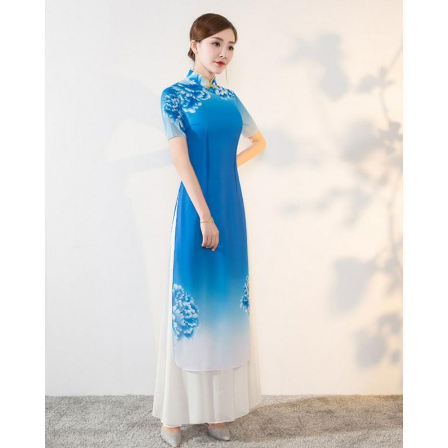 チャイナドレス チャイナ風ワンピース コスプレ衣装 ロング丈 チャイナドレス ワンピース チャイナ服 アオザイ ドレスワンピース 花柄 半袖 2枚重ね ハロウィン 08lf598 福丸 通販 Yahoo ショッピング