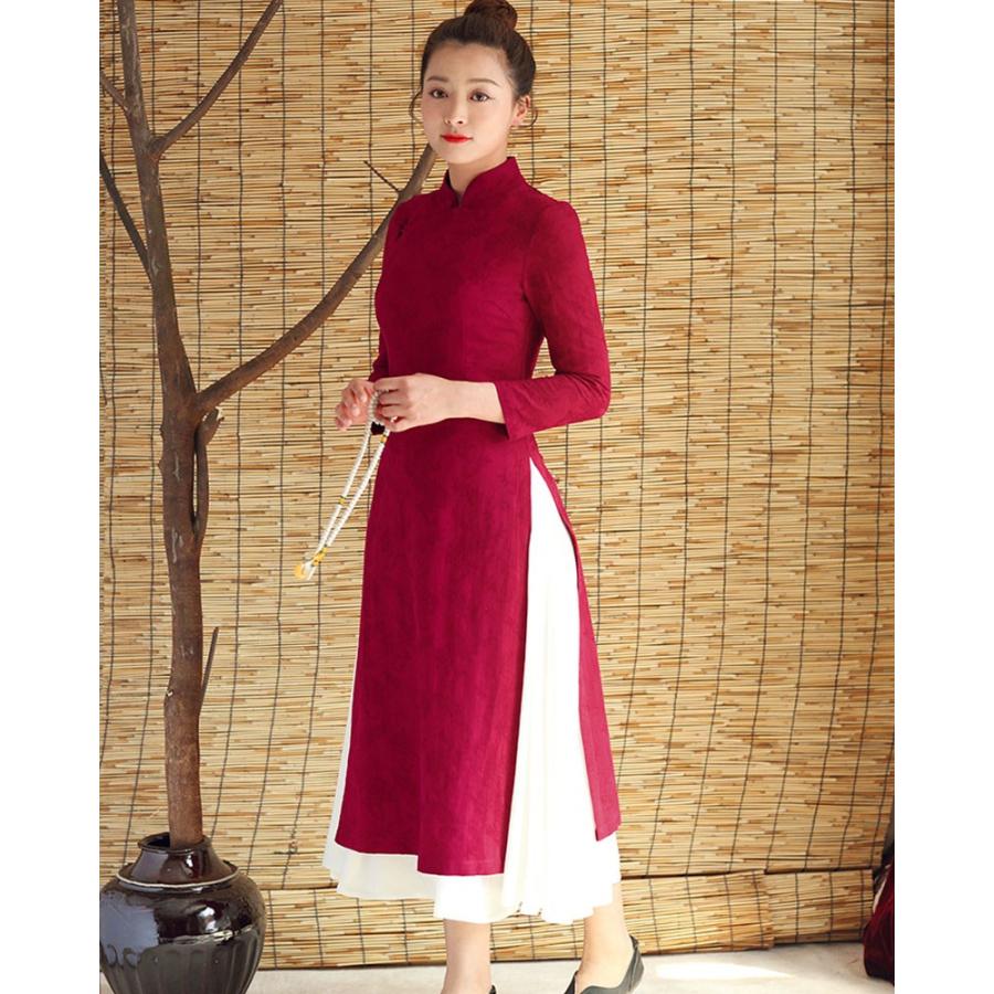 チャイナ風ワンピース ロング チャイナドレス ロング丈 コスプレ衣装 リネンワンピース チャイナ服 アオザイ ドレスワンピース コットン 花柄 7分袖 2枚重ね 08lf627 福丸 通販 Yahoo ショッピング