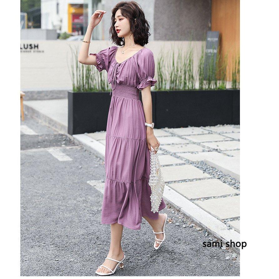 高い品質 シフォン 無地 膝丈ワンピ 夏 フレアワンピース おしゃれ レディース ワンピース Aライン 5色 韓国風 着痩せ 40代 ワンピース カラー パープル Www We Job Com