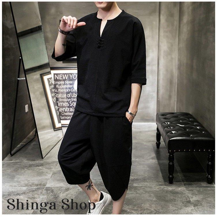 セットアップ メンズ 夏 リネン ジャージ 半袖 シャツ 上下セット スウェット 綿麻 部屋着 薄 男性 中国風 七分丈パンツ 大注目