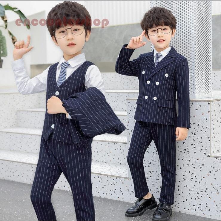 子供スーツセット開学祭 男の子フォーマルスーツセット チェク柄 4点セット 結婚式 卒園式 入学式 春秋 2021