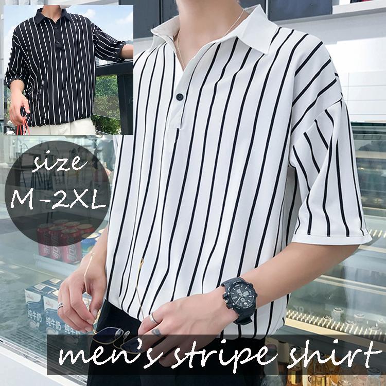 ストライプシャツ メンズ 5分袖シャツ 開襟シャツ ワイシャツ 七分丈 カジュアル トップス A312 Cs72 ふくもん 通販 Yahoo ショッピング