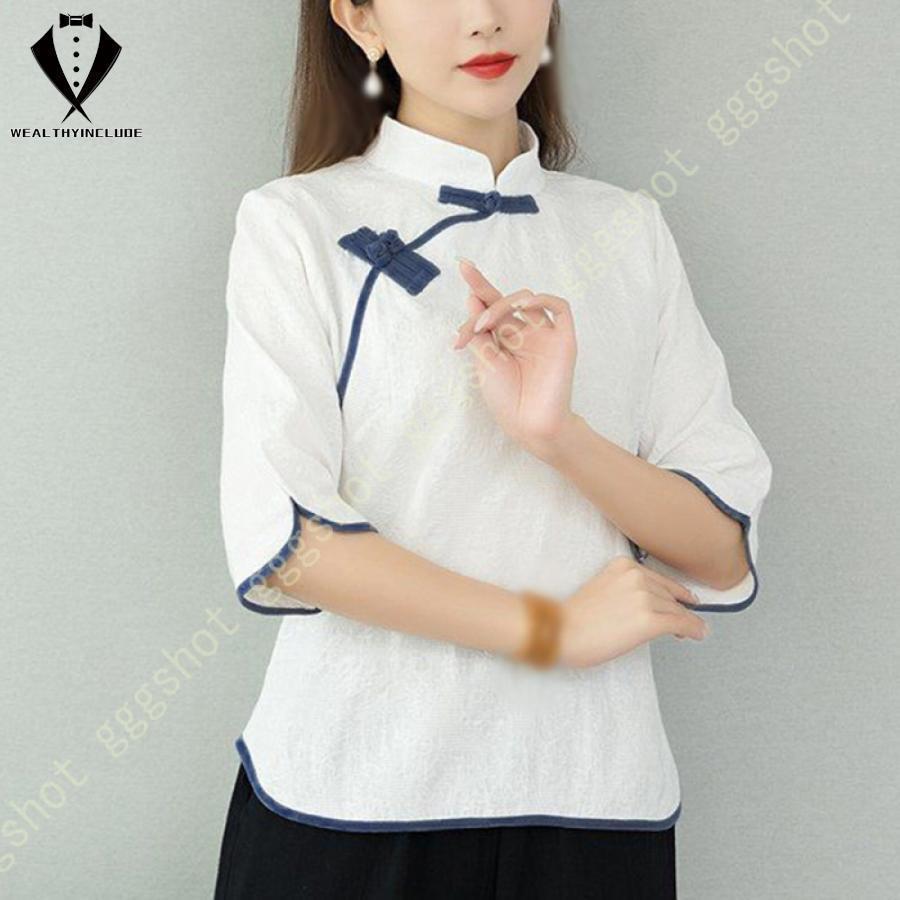 レディース シャツ チャイナ服 ブラウス tシャツ チャイナ トップス 民族服 茶師服 中華服 太極拳服 チャイナ風 七分袖 無地 綿麻 花柄 刺繍 中華風 民族風 の商品画像