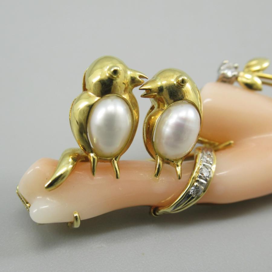 珊瑚 ブローチ K18刻印 D0.05ct パール 鳥モチーフ サンゴ/和装小物