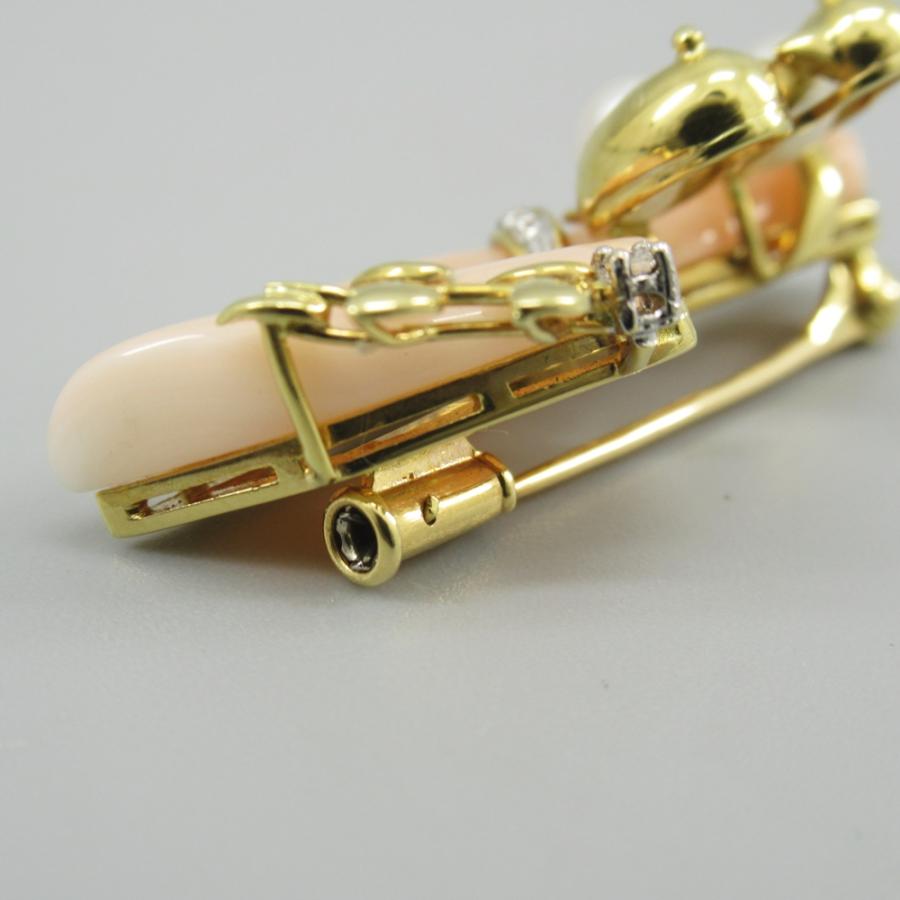 珊瑚 ブローチ K18刻印 D0.05ct パール 鳥モチーフ サンゴ/和装小物