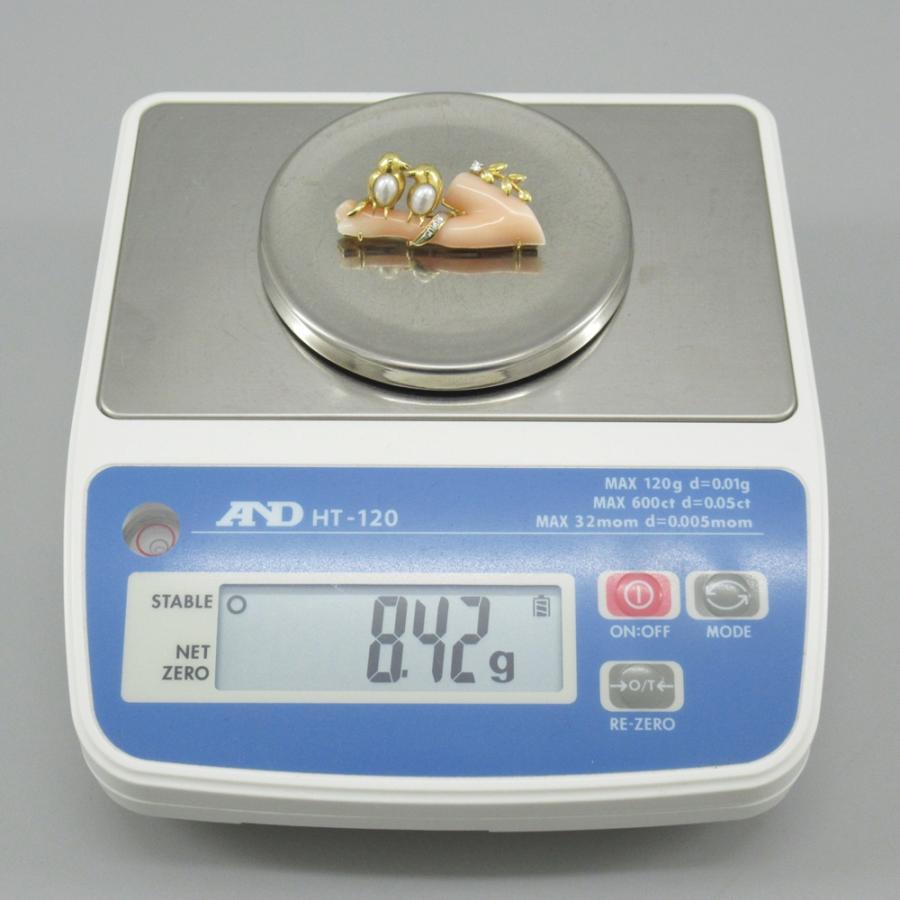 珊瑚 ブローチ K18刻印 D0.05ct パール 鳥モチーフ サンゴ/和装小物