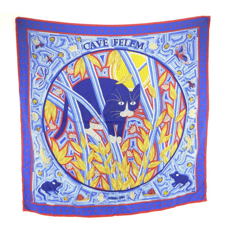 エルメス　スカーフ　カレ　90 猫に注意 HERMES（エルメス） カレ90 スカーフ シルク 猫に注意 CAVE FELEM 青