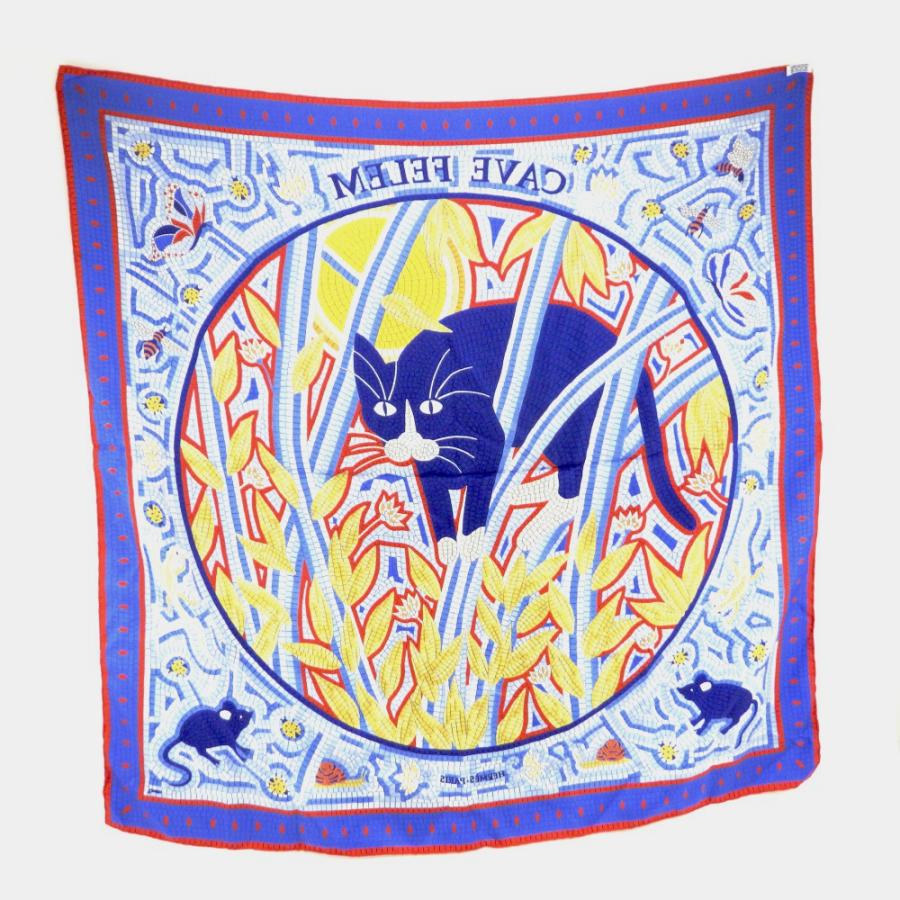 HERMES（エルメス） カレ90 スカーフ シルク 猫に注意 CAVE FELEM 青