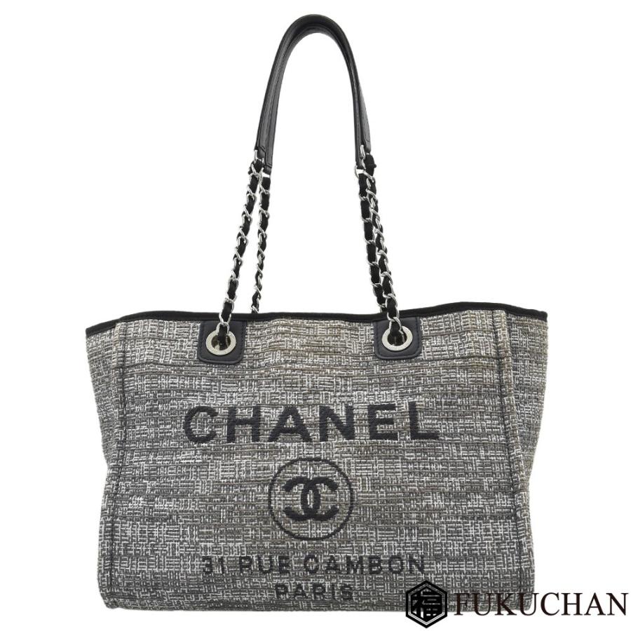 美品 シャネル A67001 ドーヴィルMM ツイード チェーン トートバッグ CAMBON CHANEL/シャネル ドーヴィルMM チェーントートバッグ