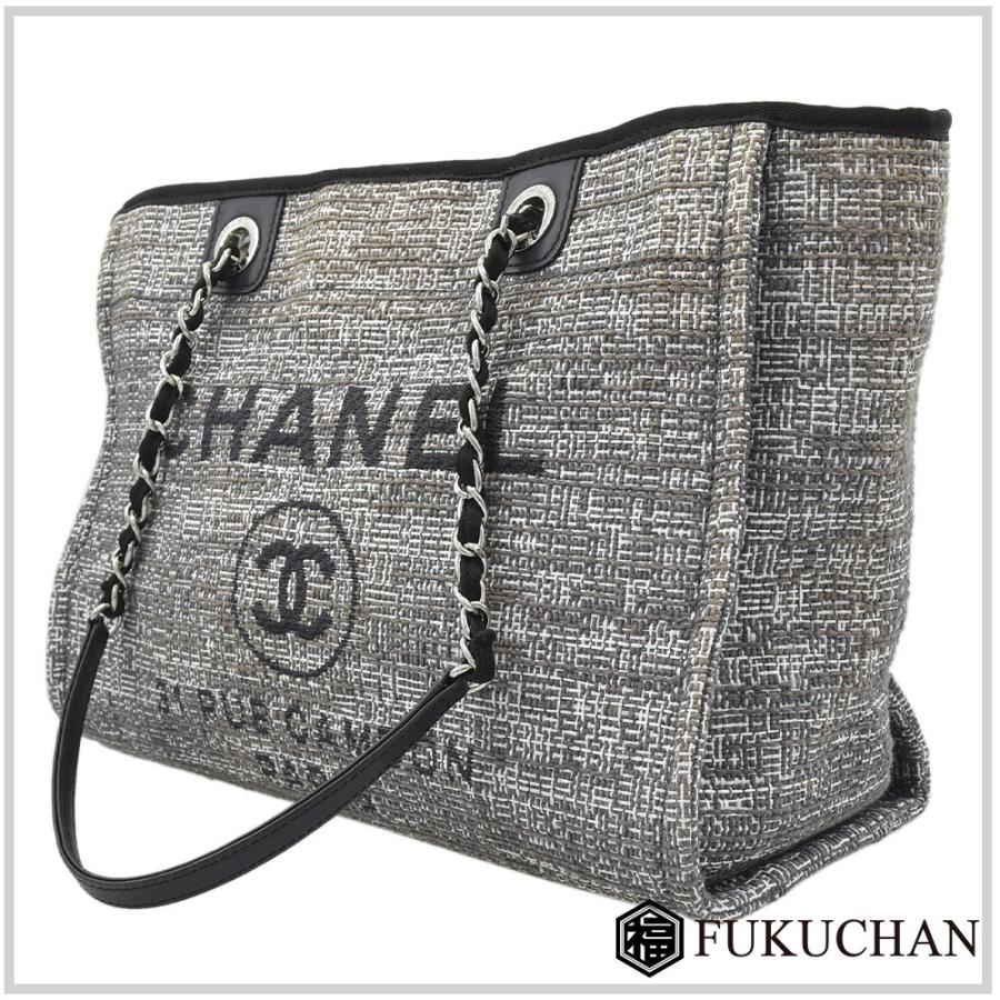 美品 シャネル A67001 ドーヴィルMM ツイード チェーン トートバッグ CAMBON CHANEL/シャネル ドーヴィルMM チェーントートバッグ