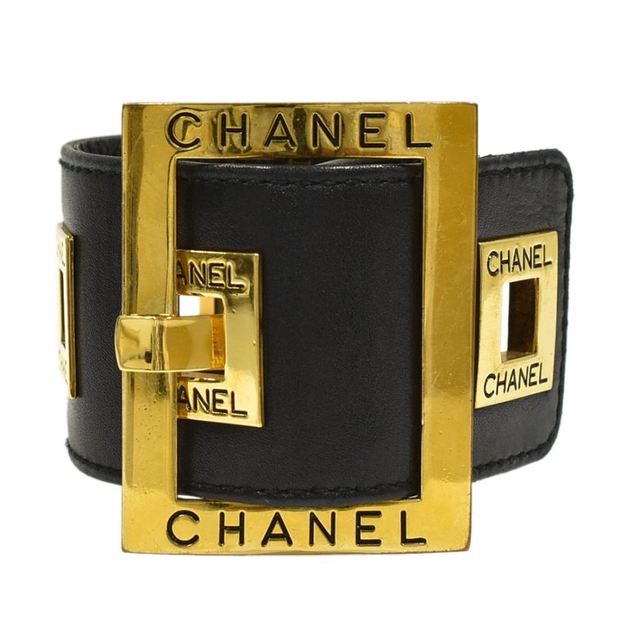 CHANEL シャネル レザー ロゴ ブレスレット バングル ラムスキン×GP